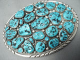 Chunky Vintage Native American Navajo Sleeping Beauty Turquoise Cluster Sterling Silver Buckle-Nativo Arts