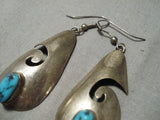 Huge Vintage Native American Navajo Blue Turquoise Sterling Silver Swirl Earrings Old-Nativo Arts