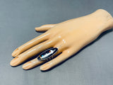 Amazing Native American Navajo Signed Cosmic Inlay Jet Turquoise Sterling Silver Large Ring-Nativo Arts