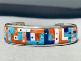 Very Detailed Vintage Native American Navajo Turquoise Inlay Sterling Silver Bracelet-Nativo Arts