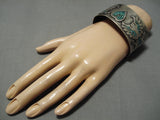 Incredible Vintage Native American Navajo Inlaid Turquoise Heart Sterling Silver Bracelet Cuff-Nativo Arts