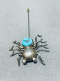Native American Impressive Vintage Signed Morenci Turquoise Sterling Silver Spider Hat Pin-Nativo Arts