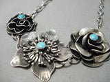 Extremely Detailed Handmade Flower Sterling Silver Turquoise Native American Navajo Necklace-Nativo Arts