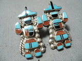 Exceptional Native American Zuni Turquoise Coral Inlay Sterling Silver Kachina Earrings-Nativo Arts
