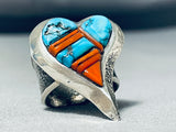 Best Native American Navajo Turquoise Heart Sterling Silver Coral Inlay Ring-Nativo Arts