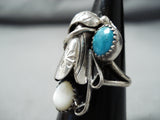 Elegant Vintage Native American Navajo Turquoise Mother Of Pearl Sterling Silver Ring Old-Nativo Arts