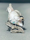 Superb Vintage Native American Zuni Inlay Mother Of Pearl Quail Sterling Silver Ring-Nativo Arts