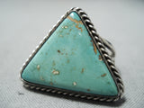 Unique Vintage Native American Navajo Green Turquoise Triangle Sterling Silver Ring Old-Nativo Arts