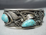 Extreme Detail! Vintage Native American Navajo Pilot Mountain Turquoise Sterling Silver Bracelet-Nativo Arts