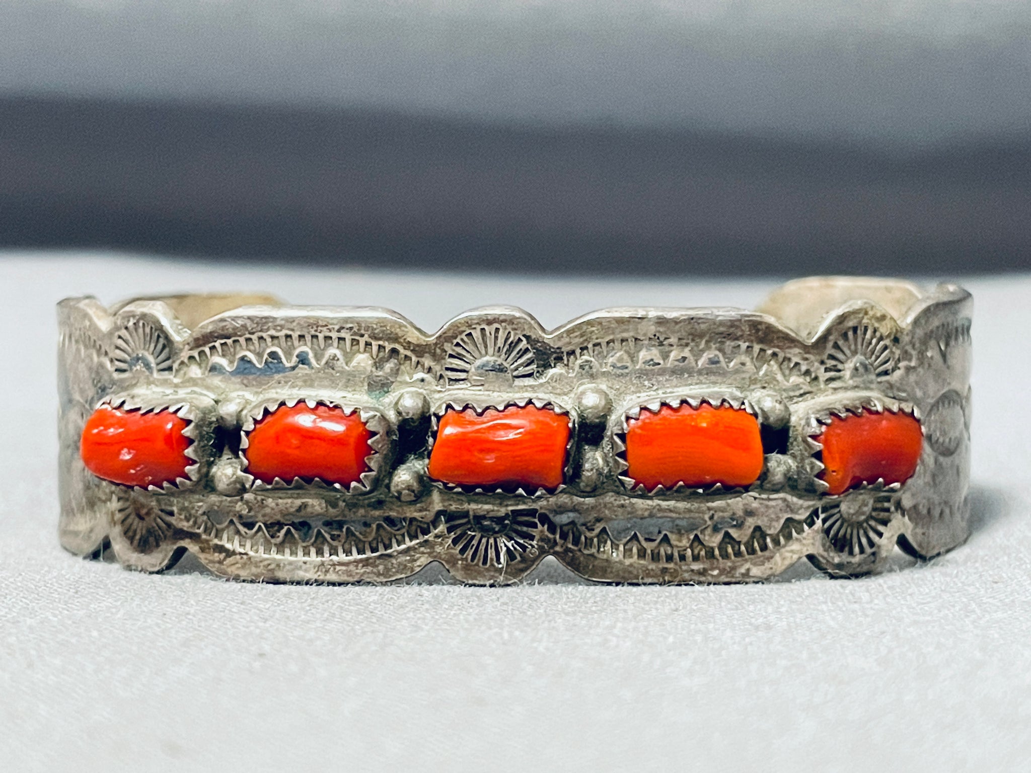 Brilliant Vintage Native American Navajo 5 Coral Sterling Silver Brace ...