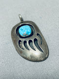 Amazing Vintage Native American Navajo Kingman Turquoise Sterling Silver Bear Print Pendant-Nativo Arts