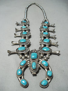Women's Vintage Native American Navajo Blue Turquoise Sterling Silver Squash Blossom Necklace-Nativo Arts