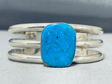 Brilliant Native American Navajo Signed Kingman Turquoise Square Sterling Silver Bracelet-Nativo Arts