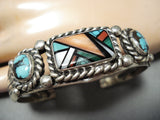 Intricate Vintage Native American Navajo Turquoise Inlay Sterling Silver Bracelet-Nativo Arts