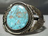 Vivid Spiderweb Turquoise Vintage Native American Navajo Sterling Silver Leaf Bracelet Old-Nativo Arts