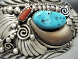 Authentic Bear Native American Navajo Turquoise Coral Sterling Silver Ted Joe Bracelet-Nativo Arts