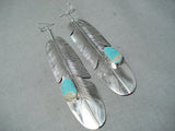 Longest 4' Long Native American Navajo Royston Turquoise Sterling Silver Feather Earrings-Nativo Arts