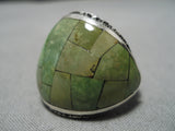 Exquisite Navajo Native American Dome Green Turquoise Inlay Sterling Silver Ring-Nativo Arts
