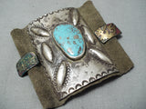 Early 1900's Vintage Native American Navajo Turquoise Sterling Silver Bracelet Bowguard Old-Nativo Arts