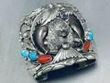 Huge Authentic Native American Navajo Turquoise Coral Sterling Silver Bear Bracelet-Nativo Arts