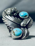 Fantastic San Felipe Signed Kingman Turquoise Sterling Silver Bear Ring-Nativo Arts