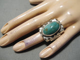 Navajo Sterling Silver Ring with Royston Turquoise – Carved Band Leaf Motif Size 10-Nativo Arts
