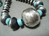 Signed Huge Tubule Native American Navajo Turquoise Sterling Silver Necklace-Nativo Arts