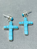 Impressive Vintage Native American Navajo Turquoise Sterling Silver Cross Earrings-Nativo Arts
