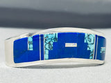 Thick Sturdy Vintage Native American Navajo Lapis Turquoise Inlay Sterling Silver Bracelet-Nativo Arts
