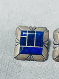 Signed Vintage Native American Navajo Lapis Inlay Sterling Silver Earrings-Nativo Arts