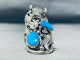 Fascinating Native American Navajo Kingman Turquoise Sterling Silver Buffalo Ring-Nativo Arts