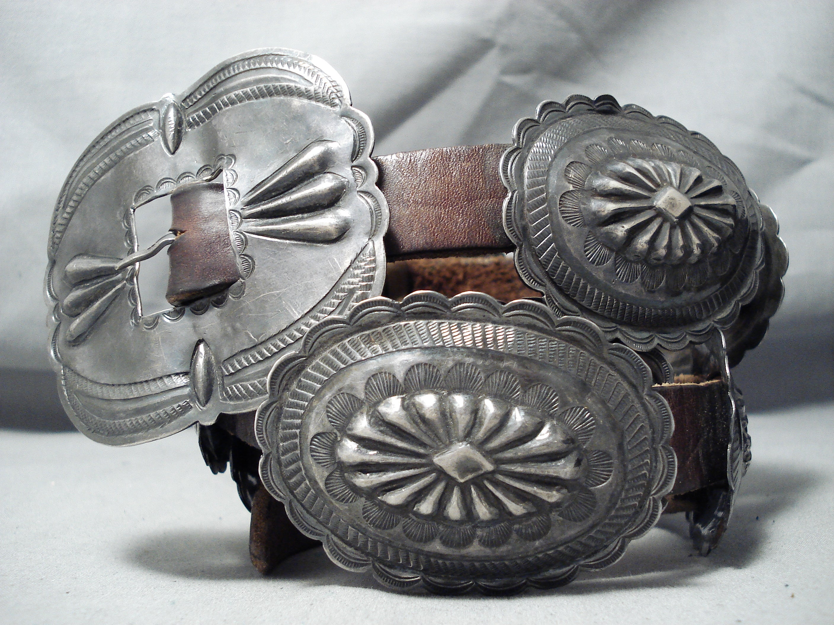 Navajo Silver and Leather Concho Belt c. 1940s, 20-32 waist (J90863B