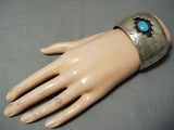 Wide Vintage Native American Navajo Hand Tooled Sterling Silver Turquoise Pillow Bracelet-Nativo Arts