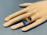 Spectacular Native American Navajo Signed Cosmic Inlay Jet Coral Sterling Silver Oval Ring-Nativo Arts