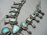 Heavy Vintage Native American Navajo Green Turquoise Sterling Silver Squash Blossom Necklace-Nativo Arts