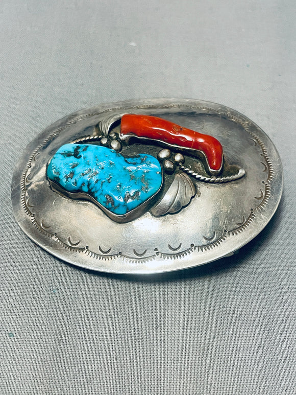 Remarkable Vintage Native American Navajo Morenci Turquoise & Coral Sterling Silver Buckle-Nativo Arts