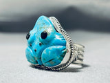 Impressive Native American Navajo Signed Kingman Turquoise Frog Sterling Silver Ring-Nativo Arts