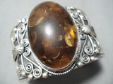 Huge Detailed Vintage Native American Navajo Amber Sterling Silver Coil Bracelet Cuff-Nativo Arts