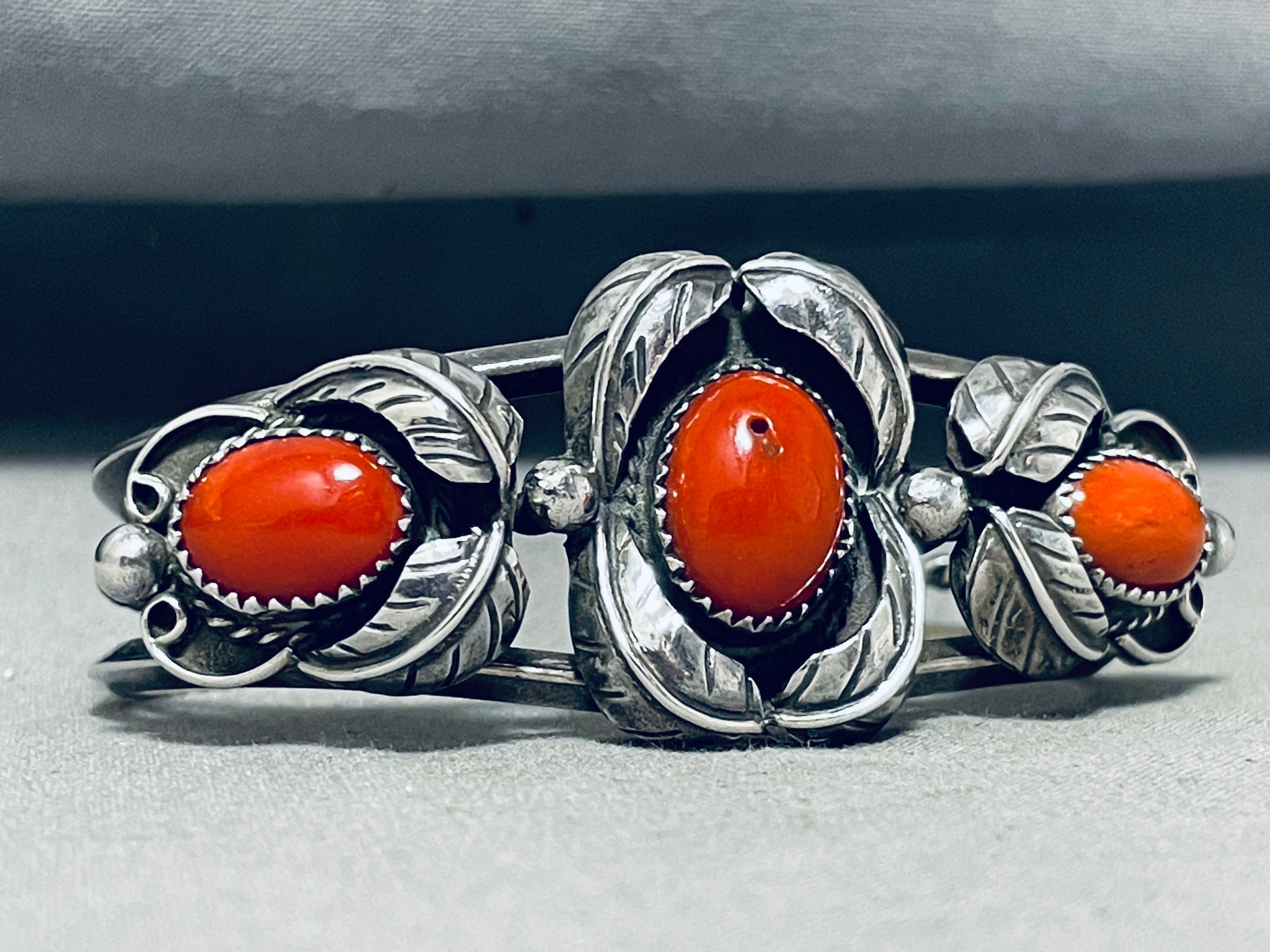 Super Chunky Coral Vintage Native American Navajo Sterling Silver Leaf ...