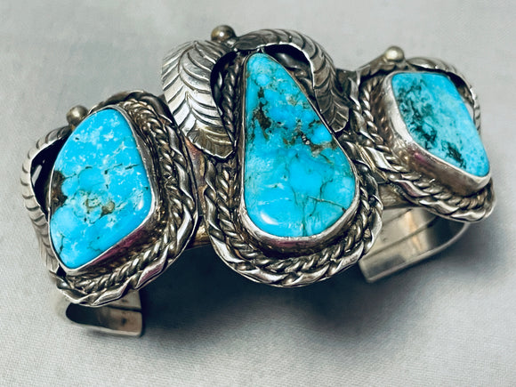 Dramatic Vintage Native American Navajo 3 Blue Diamond Turquoise Sterling Silver Bracelet-Nativo Arts