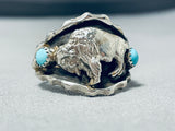 Remarkable Native American Navajo 2 Sleeping Beauty Turquoise Sterling Silver Buffalo Ring-Nativo Arts