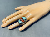 Native American Heavy Mens 34 Grams Turquoise Coral Sterling Silver Ring Old-Nativo Arts