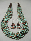 Native American Important Jose Coriz Santo Domingo Green Turquoise Coral Sterling Necklace-Nativo Arts