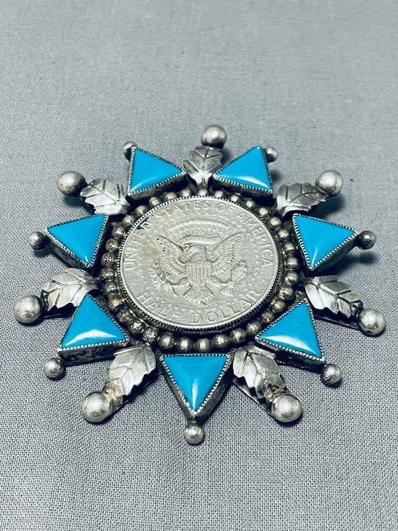 Incomparable Vintage Native American Navajo Blue Gem Turquoise Sterling Silver Pin-Nativo Arts