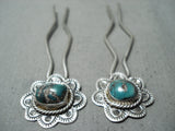 Marvelous Vintage Native American Navajo Damale Turquoise Sterling Silver Hair-pins Old-Nativo Arts