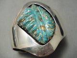 Best Vintage Native American Navajo Hand Carved Leaf Turquoise Sterling Silver Bracelet Old-Nativo Arts