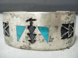 Thick Heavy Vintage Native American Navajo Turquoise Inlay Sterling Silver Bracelet Old-Nativo Arts