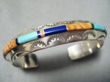 Thick Sturdy Vintage Native American Navajo Turquoise Inlay Sterling Silver Bracelet-Nativo Arts