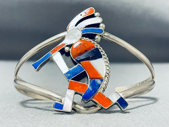 Colorful Native American Navajo Lapis Coral Jet Inlay Kokopelli Sterling Silver Bracelet-Nativo Arts