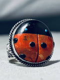 Native American Important Ben Begaye (d.) Coral Ladybug Sterling Silver Ring-Nativo Arts
